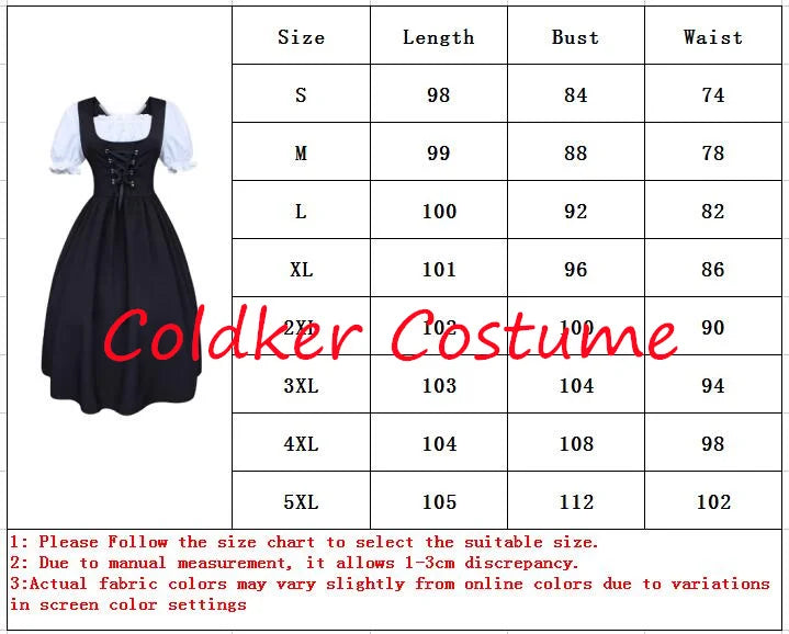 German Ladies Beer Maid Dirndl Bavarian Oktoberfest Dress with Apron Costumes Party Halloween Fancy Dress Plus Size S-5XL