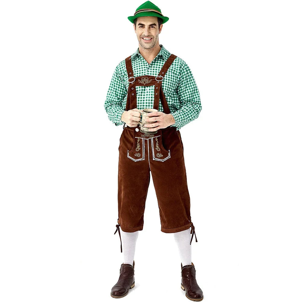 Male Oktoberfest Lederhosen Costume Bavarian Octoberfest German Beer Costume Suspenders Shorts Men's Halloween Cosplay Outfit