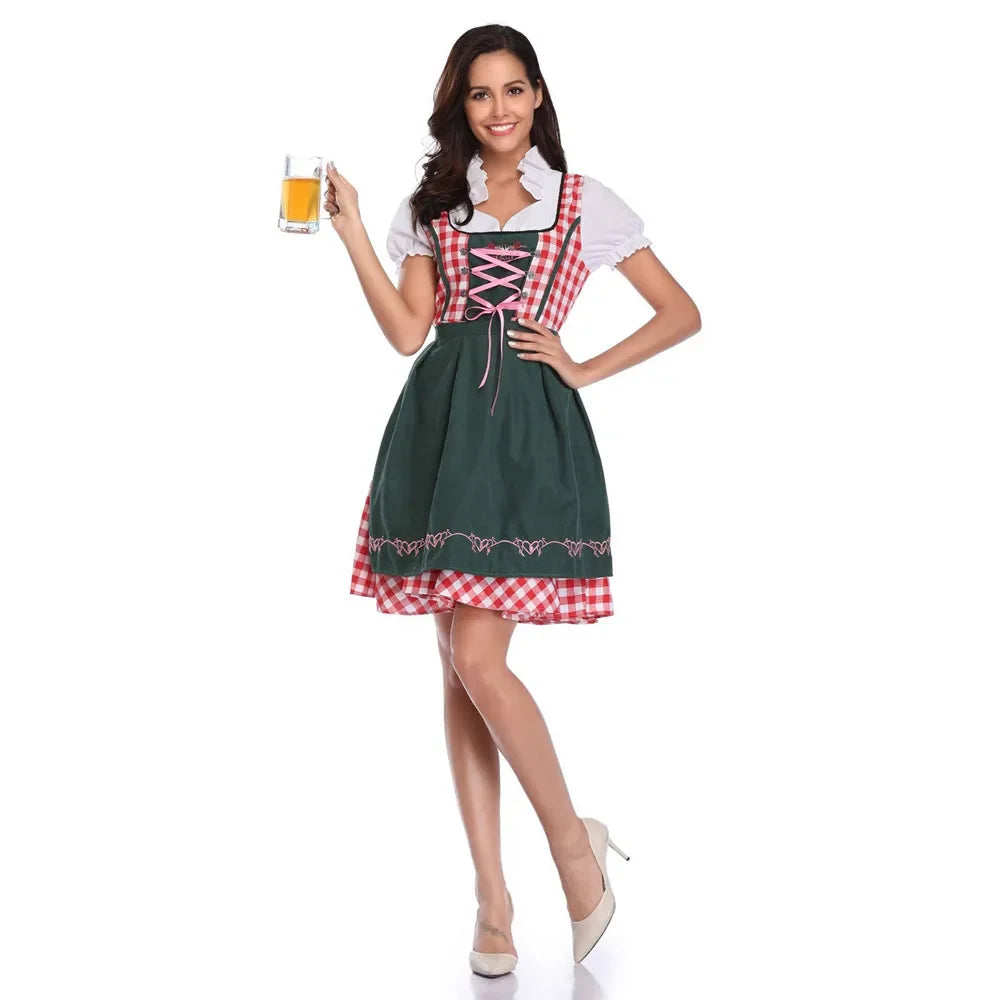 Traditional German Plaid Dirndl Dress for Women Oktoberfest Costume Adult Beer Festival Cosplay Halloween Fancy Party Dress