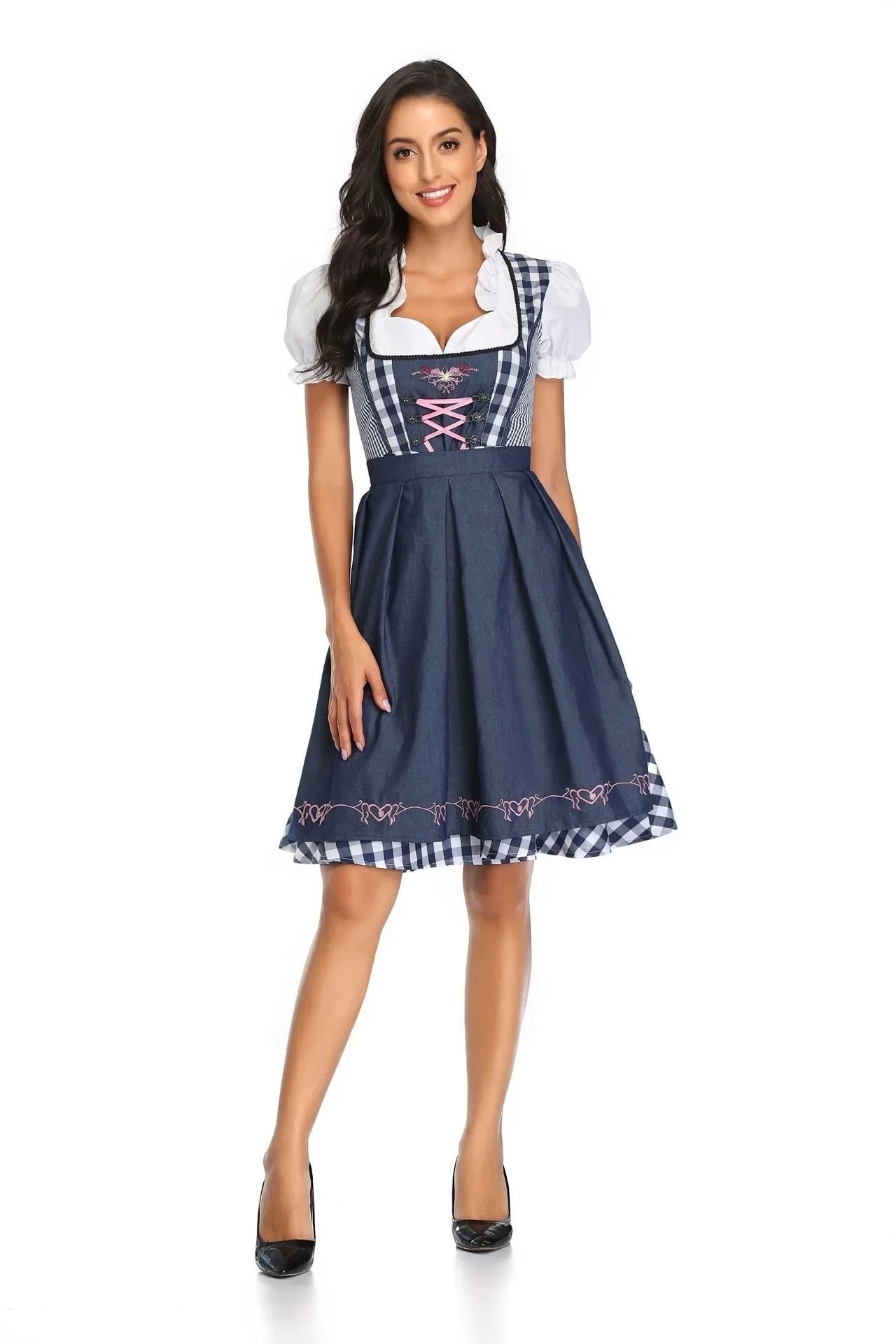 Traditional German Plaid Dirndl Dress for Women Oktoberfest Costume Adult Beer Festival Cosplay Halloween Fancy Party Dress