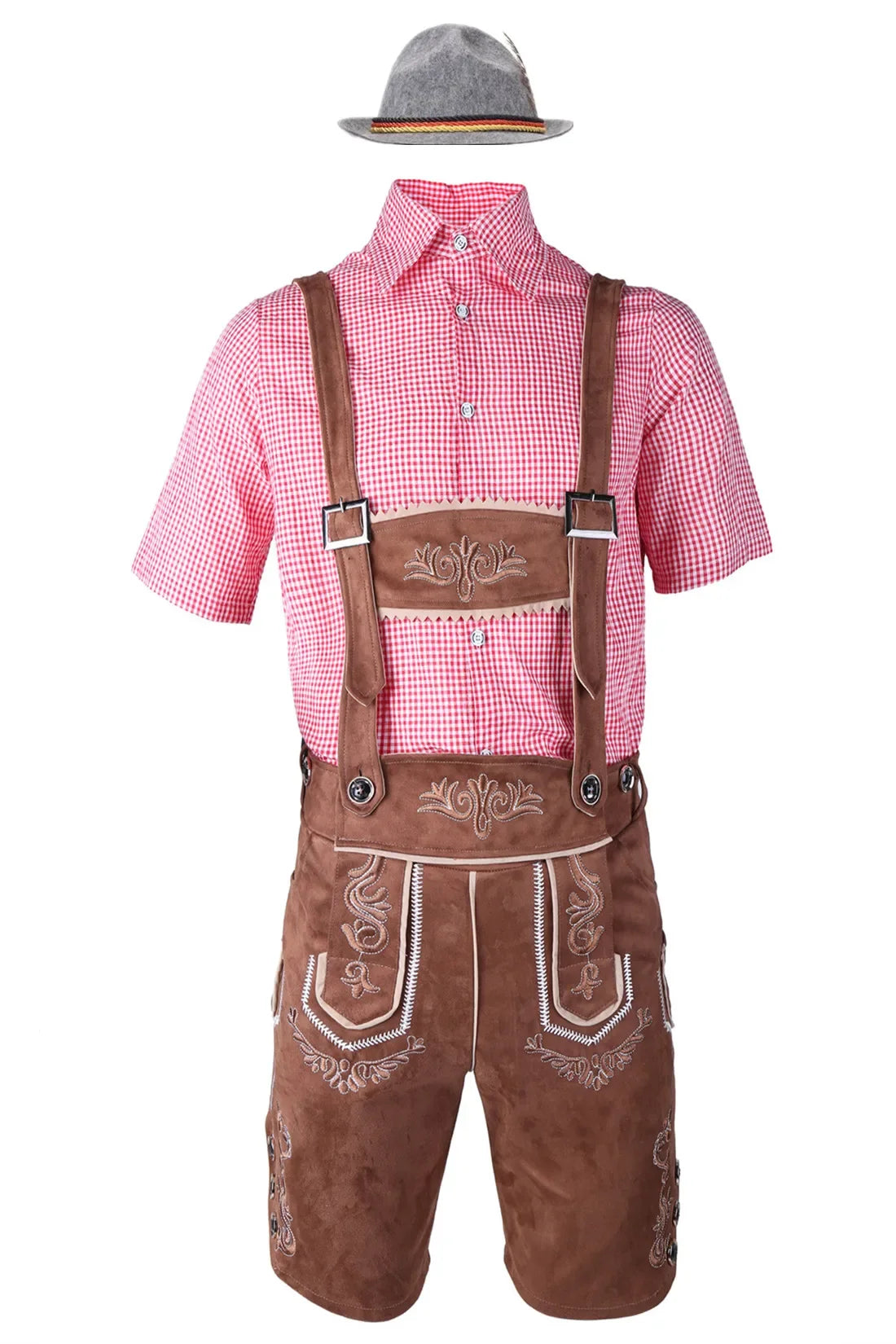 Male German Oktoberfest Lederhosen Costume Short Sleeve Suspenders Rompers Shirt Hat Bavarian Beer Festival Men Cosplay Outfit