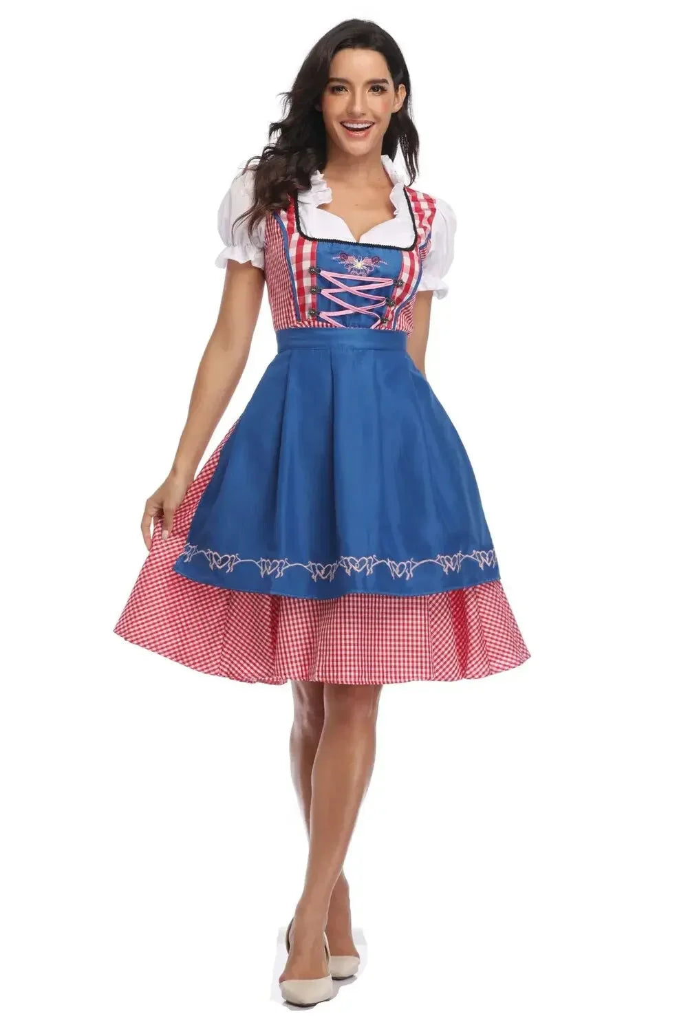 Traditional German Plaid Dirndl Dress for Women Oktoberfest Costume Adult Beer Festival Cosplay Halloween Fancy Party Dress