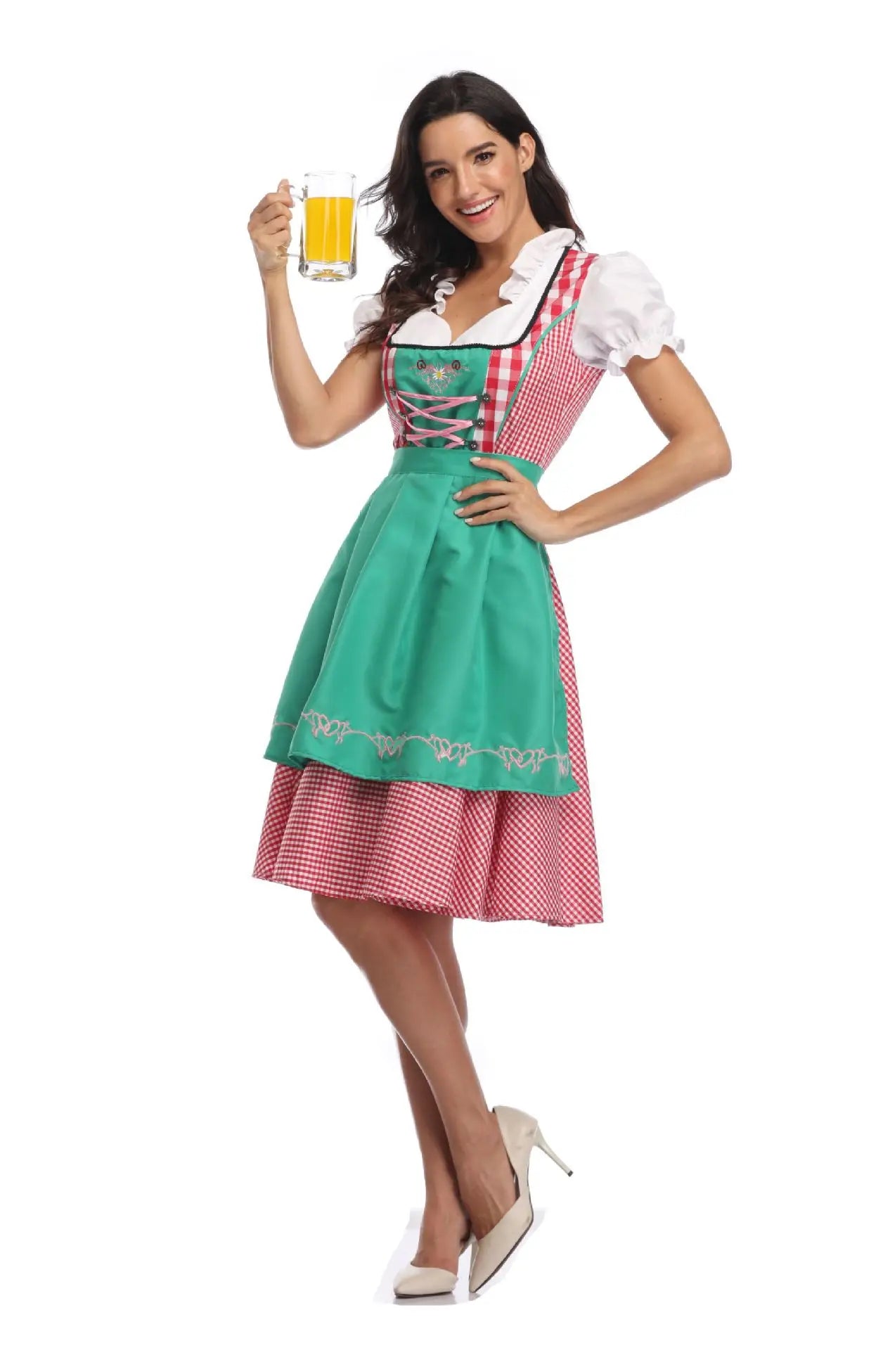 Traditional German Plaid Dirndl Dress for Women Oktoberfest Costume Adult Beer Festival Cosplay Halloween Fancy Party Dress