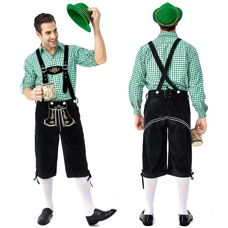 Male Oktoberfest Lederhosen Costume Bavarian Octoberfest German Beer Costume Suspenders Shorts Men's Halloween Cosplay Outfit
