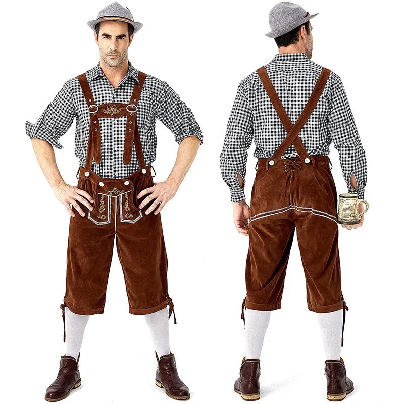 Male Oktoberfest Lederhosen Costume Bavarian Octoberfest German Beer Costume Suspenders Shorts Men's Halloween Cosplay Outfit