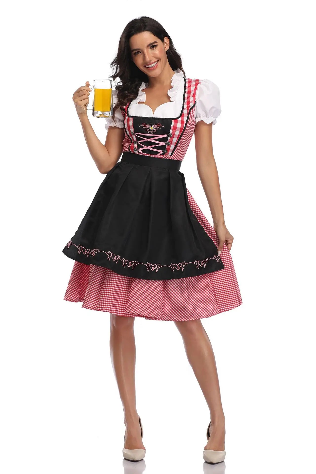 Traditional German Plaid Dirndl Dress for Women Oktoberfest Costume Adult Beer Festival Cosplay Halloween Fancy Party Dress