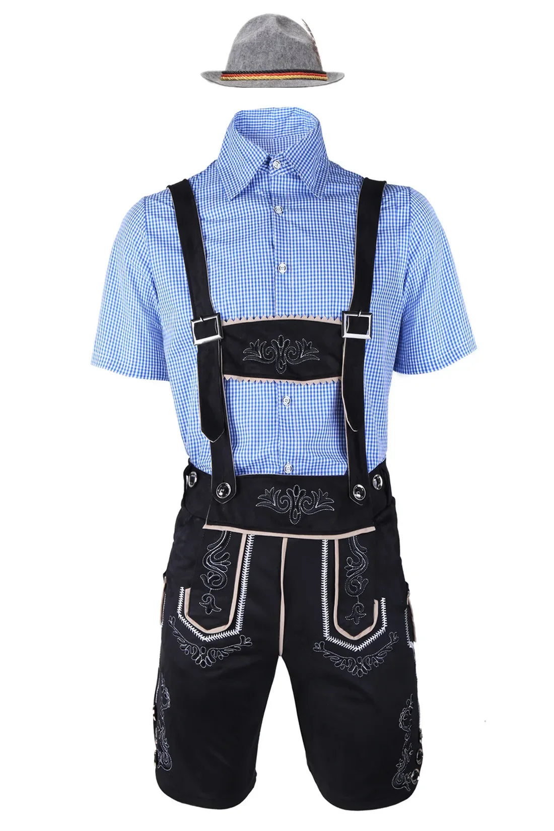 Male German Oktoberfest Lederhosen Costume Short Sleeve Suspenders Rompers Shirt Hat Bavarian Beer Festival Men Cosplay Outfit