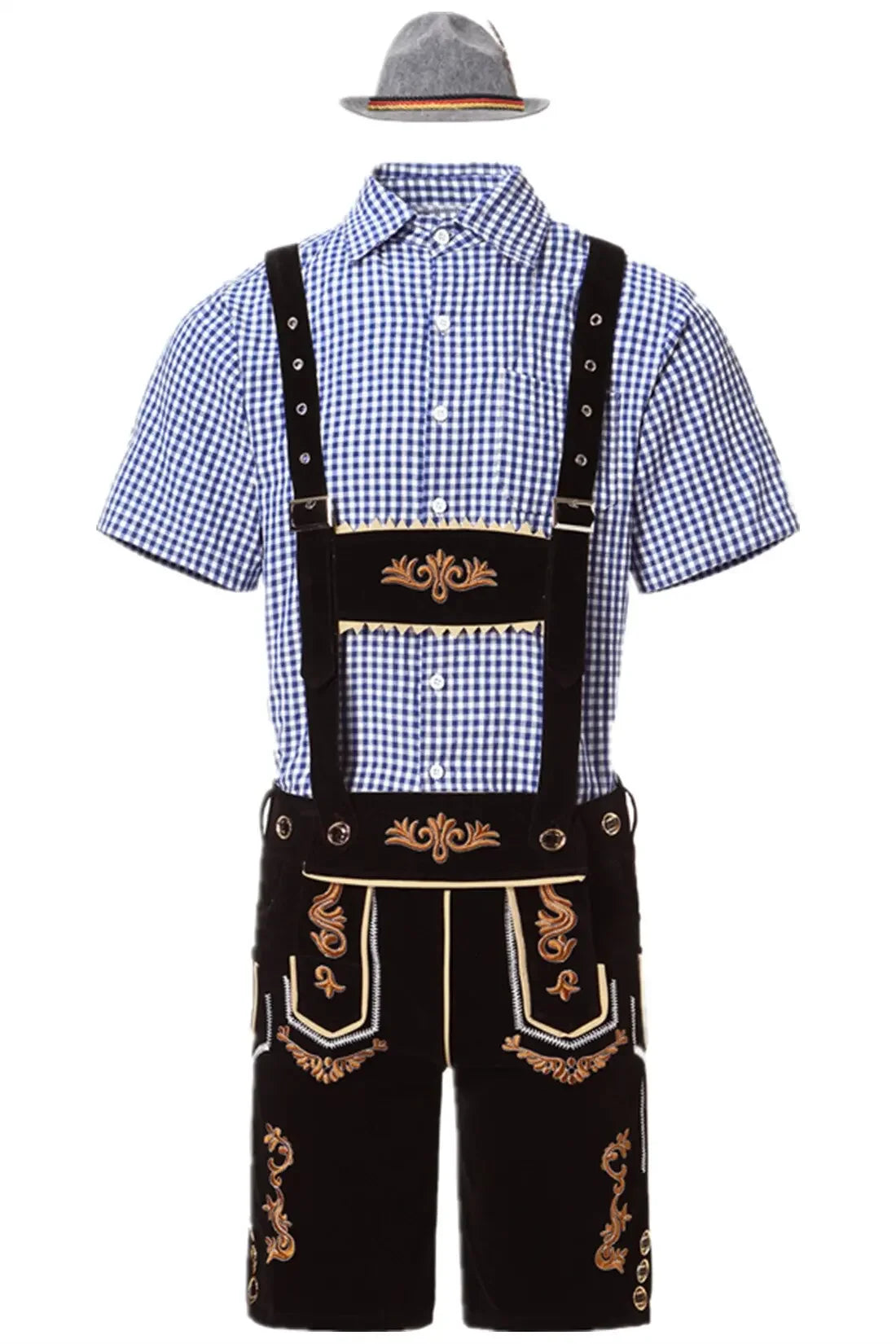 Male German Oktoberfest Lederhosen Costume Short Sleeve Suspenders Rompers Shirt Hat Bavarian Beer Festival Men Cosplay Outfit