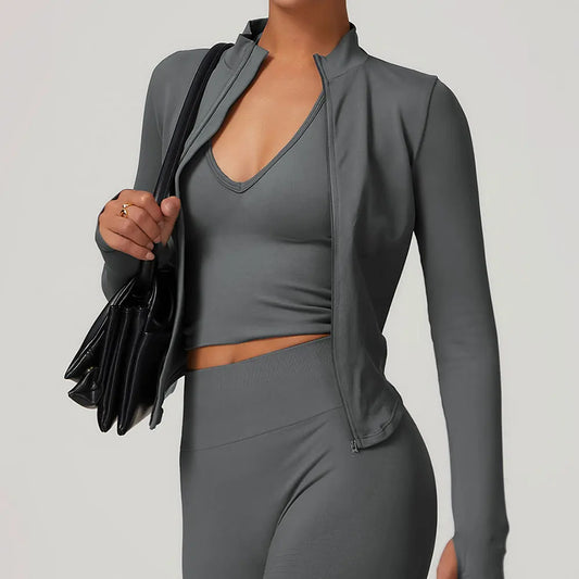 Zipper Jacket Women Crop Tops Yoga T-shirts Solid Sports Top Long Sleeve Running Shirts Sexy Quick Dry Fitness Gym Sport Wear