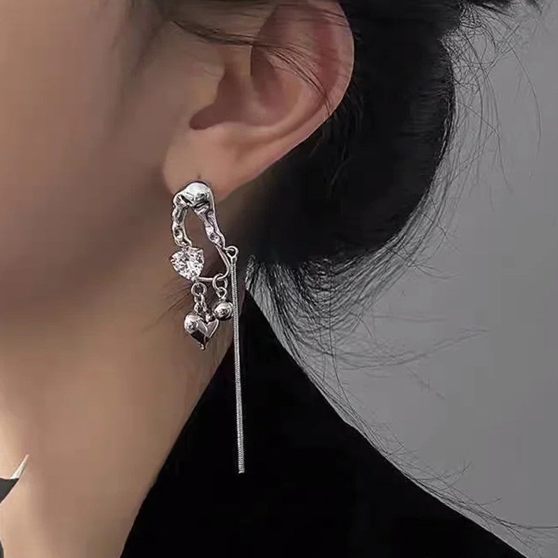Asymmetric Heart Tassel Diamond Earrings For Women