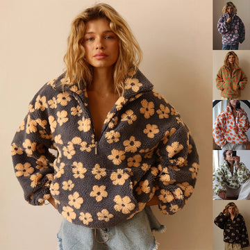 Winter Flowers Lambskin Sweatshirt With Big Pocket Casual Loose Zip-up Lapel Pullover Top Women's Clothing