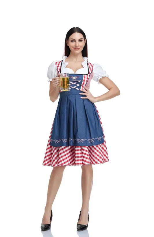 Traditional German Plaid Dirndl Dress for Women Oktoberfest Costume Adult Beer Festival Cosplay Halloween Fancy Party Dress