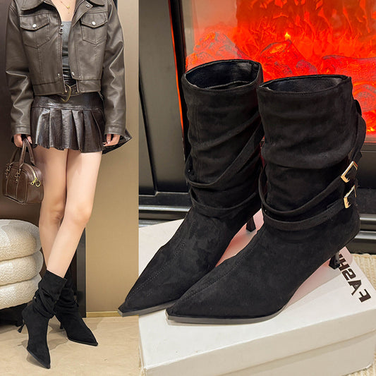 Fashionable And Versatile Pointed Toe Stiletto Heel Suede French Slim Ankle Boots